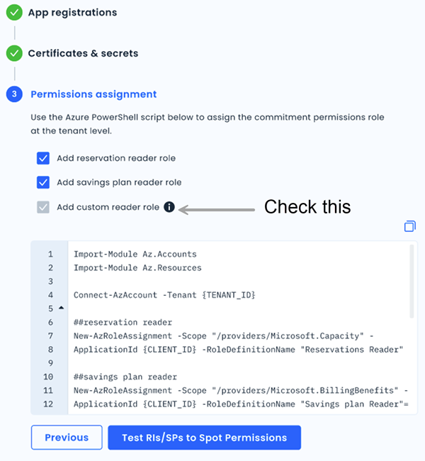 Screenshot of Azure permissions assignment step for commitments with custom reader role